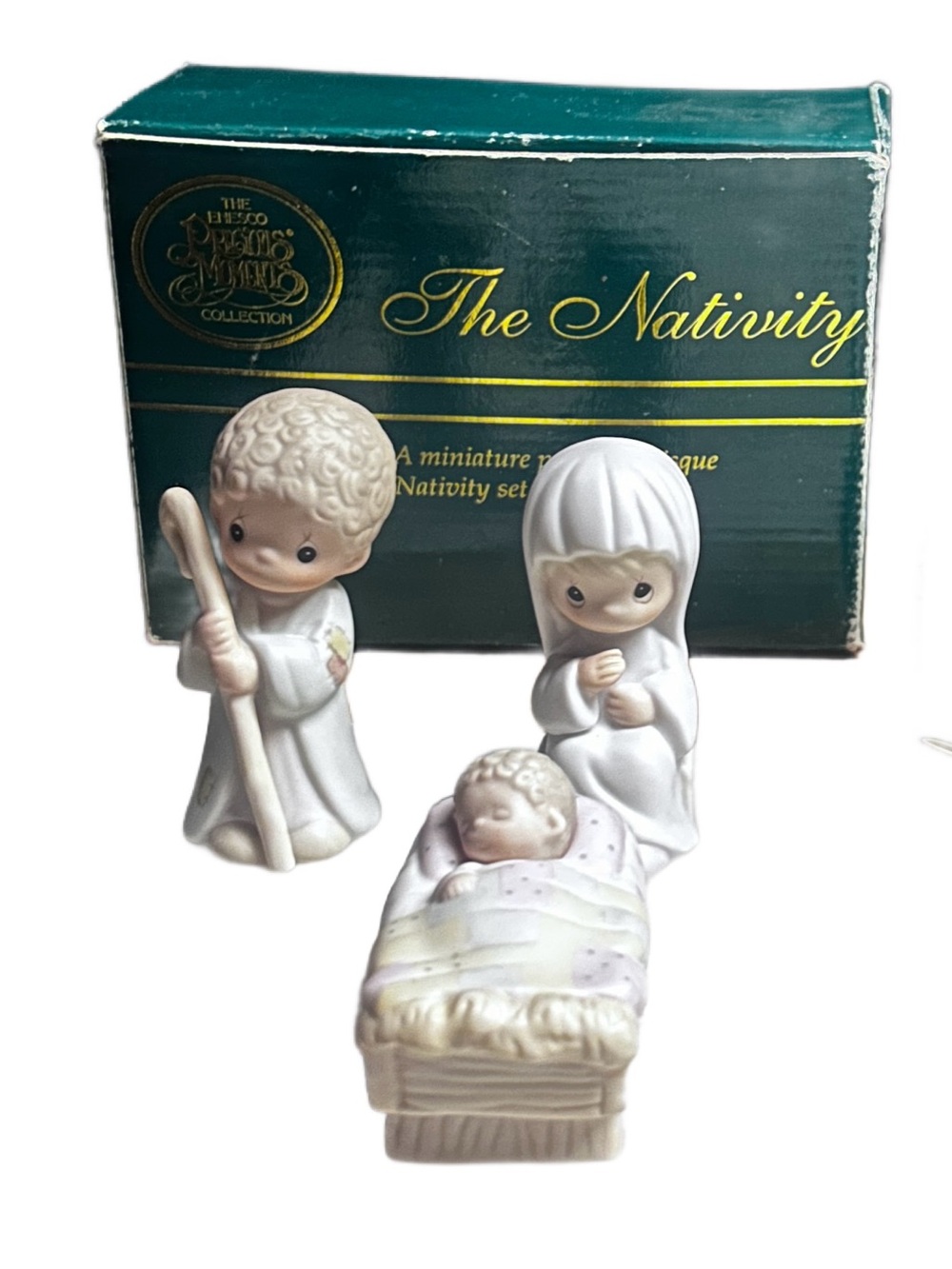 Enesco ~ Precious Moments ~ The Nativity Miniature Porcelain Bisque ~ New W/Book
